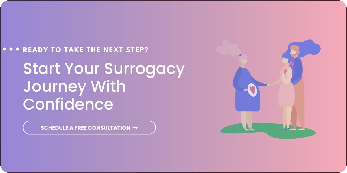 Illustration of a gestational surrogate meeting intended parents, with text inviting readers to start their surrogacy journey and schedule a free consultation.